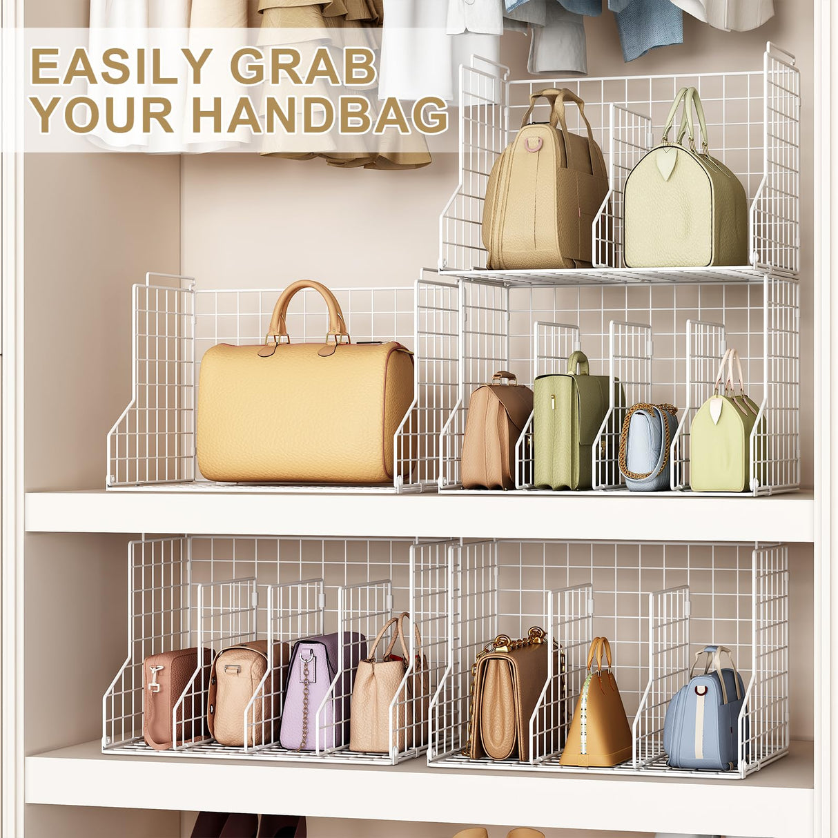 Purse Storage Organizer for Closet : Adjustable 2-Pack Dividers Handbag Organizer - Stackable Wire Handbags Storage Baskets -Open Cabinets Wallets Tote Chain Bags Clutches -White Sonyabecca