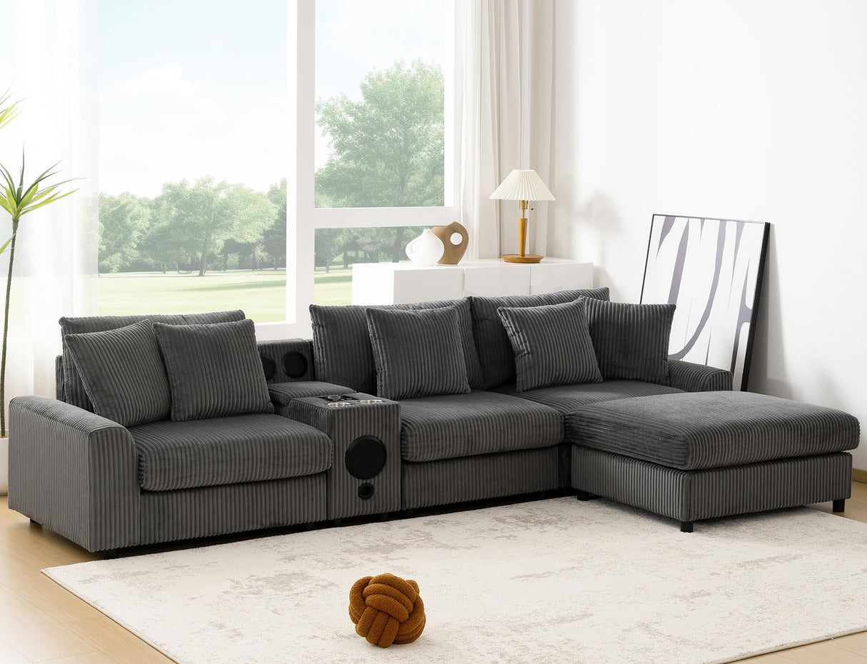 Merax 114 * 64" Corduroy Sectional Couches with Bluetooth Speakers, Storage, Ottoman & Pillows, Upholstered Modular Sofa Chaise with Console, USB Charger, Cup Holders for Living Room Apartment, Grey Merax