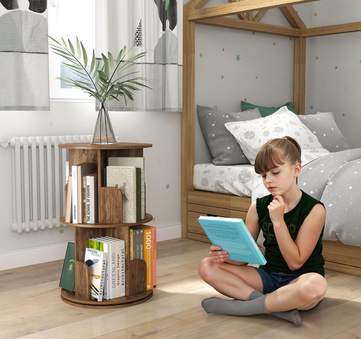 Suuiwau 2-Tier Rotating Bookshelf, 360° Spinning Corner Bookcase Space-Saving Storage Rack for Living Room, Bedroom, Office, Kids Room Suuiwau