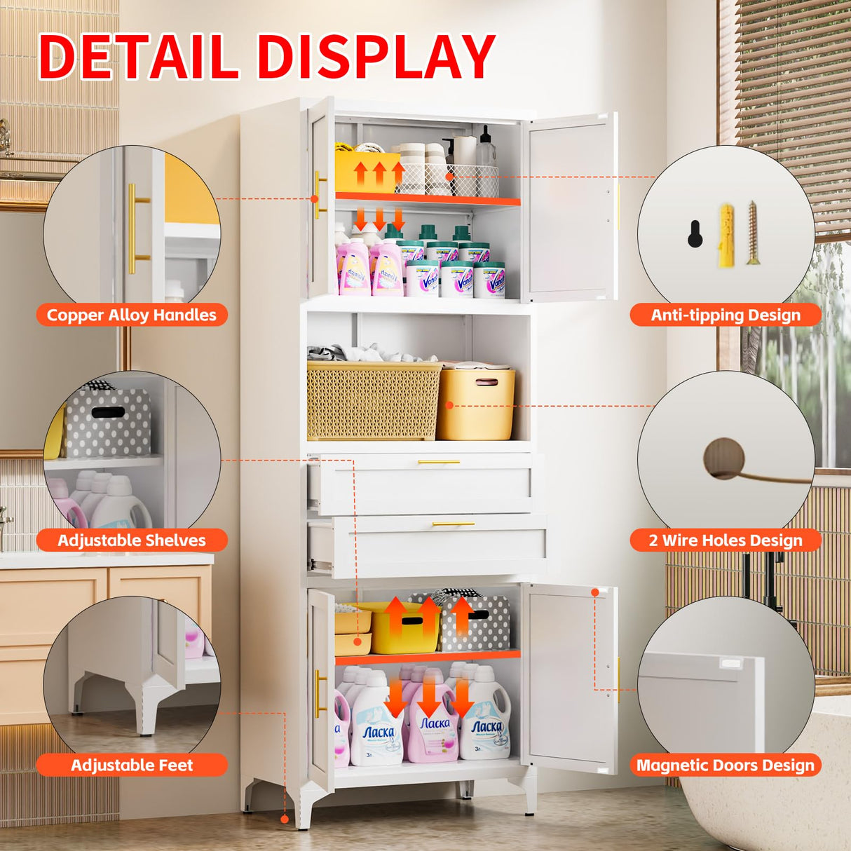 FogQueen 75" Tall Metal Storage Cabinet,Pantry Storage Cabinet with 2 Drawers and Open Space,Kitchen Cupboard with Adjustable Shelves,Multi-Functional Cabinet for Living Room,Bathroom,Garage (White) FogQueen