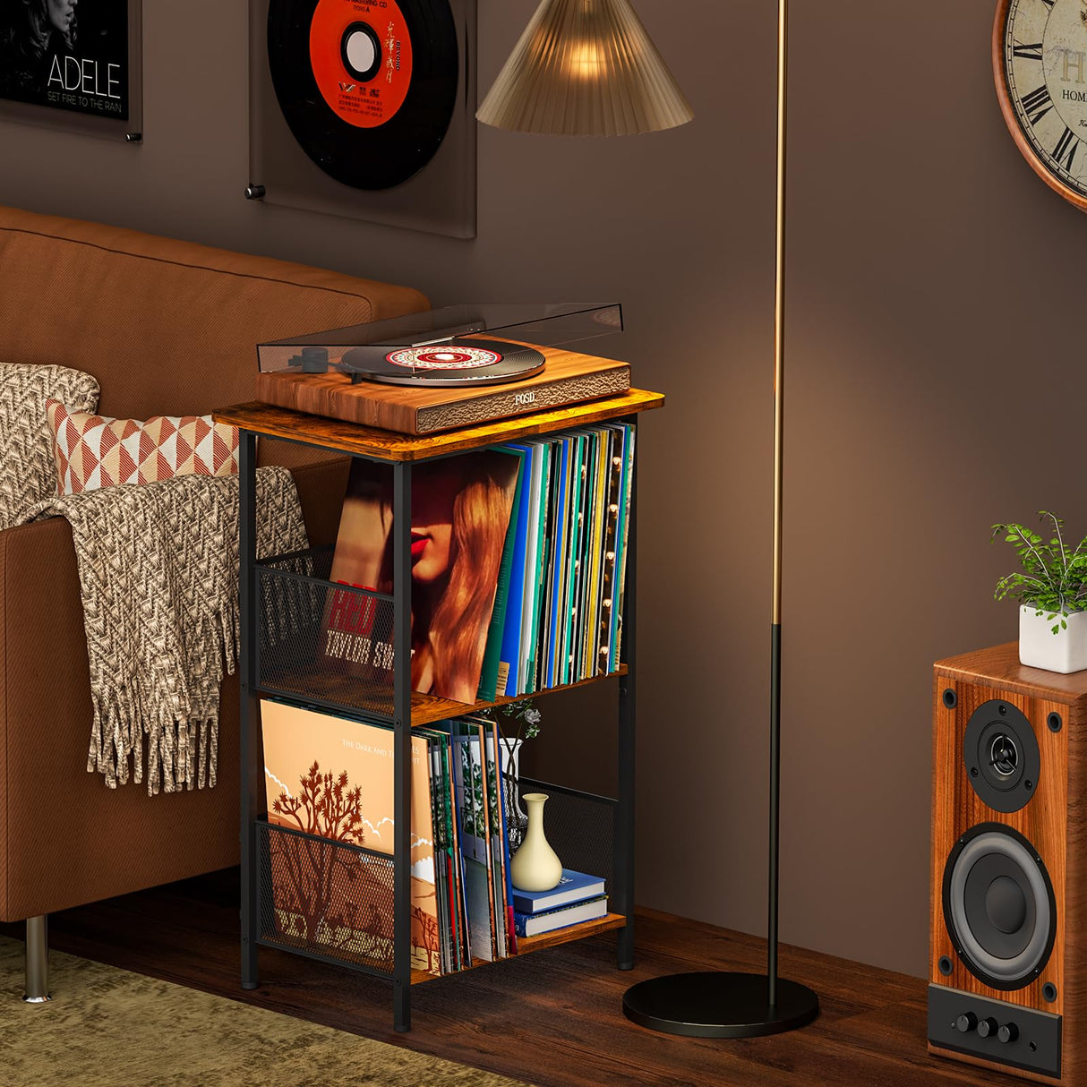 Record Player Stand Up to 200 Albums, Vinyl Storage Table with Extended Wooden Desktop, Record Player Holder for Albums, Vinyl Stand End Table Storage Rack for Bedroom & Living Room Honkazita