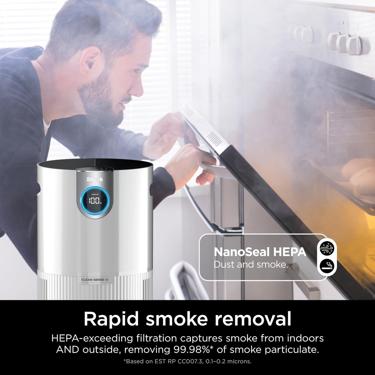 Shark Air Purifier for Home Large Room, Clean Sense Technology, HEPA Air Filter, 1000 Sq Ft, Kitchen, Filters Smoke, Captures 99.98% of Particles, Pet Dander, Pollutants, Dust, Allergens, HP201 Shark