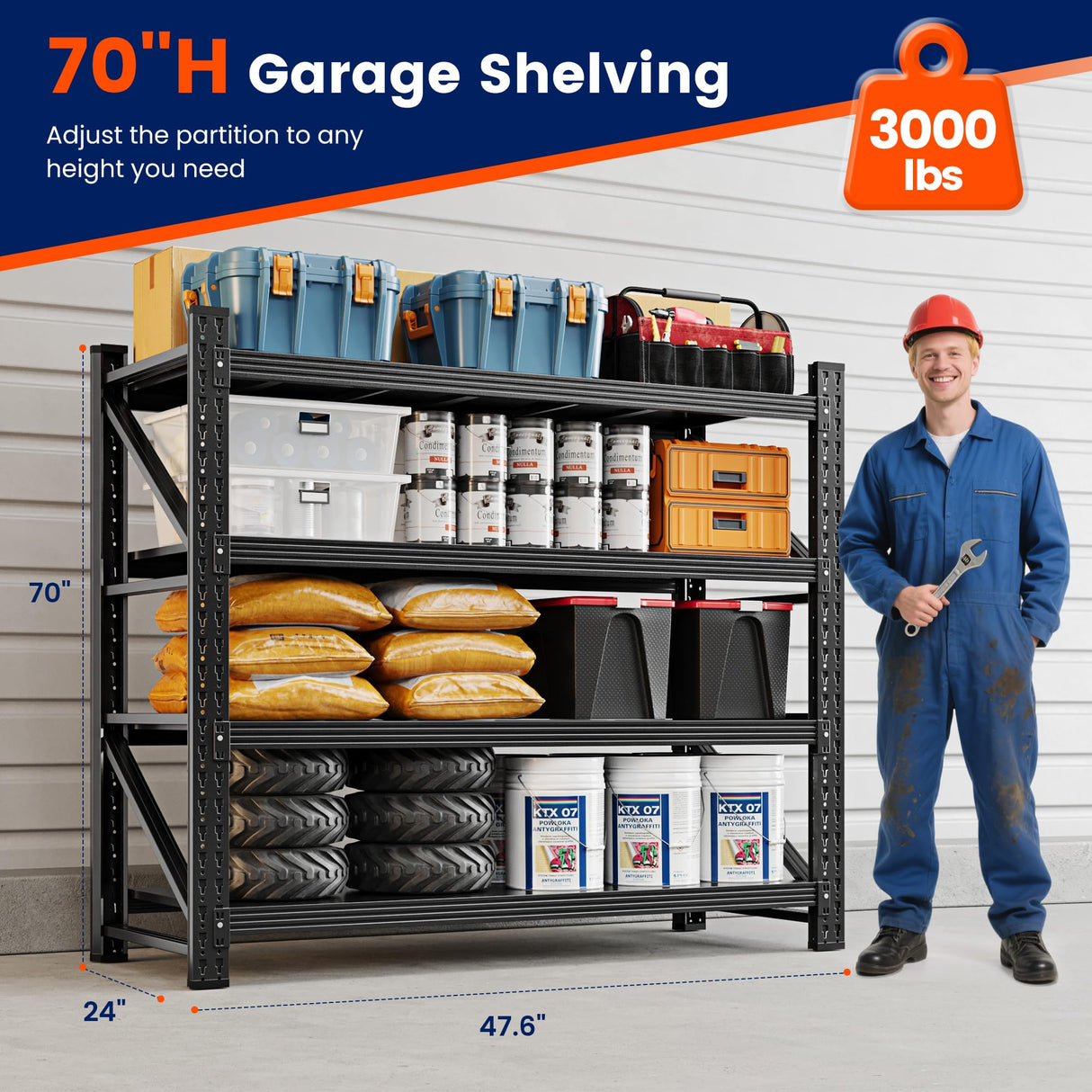 Yizosh Garage Shelving Unit, 3000LBS Storage Shelves, Metal Shelving Adjustable Storage Shelves Heavy Duty, Suitable for Garage, Supermarket, Warehouse, 48" W x 24" D x 70" H Yizosh
