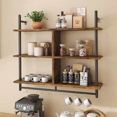 Bestier 3-Tier Rustic Brown Floating Pipe Shelving Unit for Kitchen and Living Room