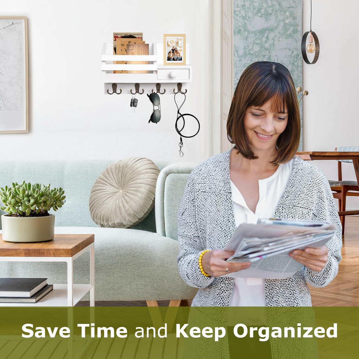 HOMEBROS Key Mail Holder for Wall, White Wooden Key Mail Organizer with Drawer Wall Mount Key Rack with Shelf Key Storage Hanger with 8 Key Hooks for Entryway Hallway 2 Installation Methods HOMEBROS