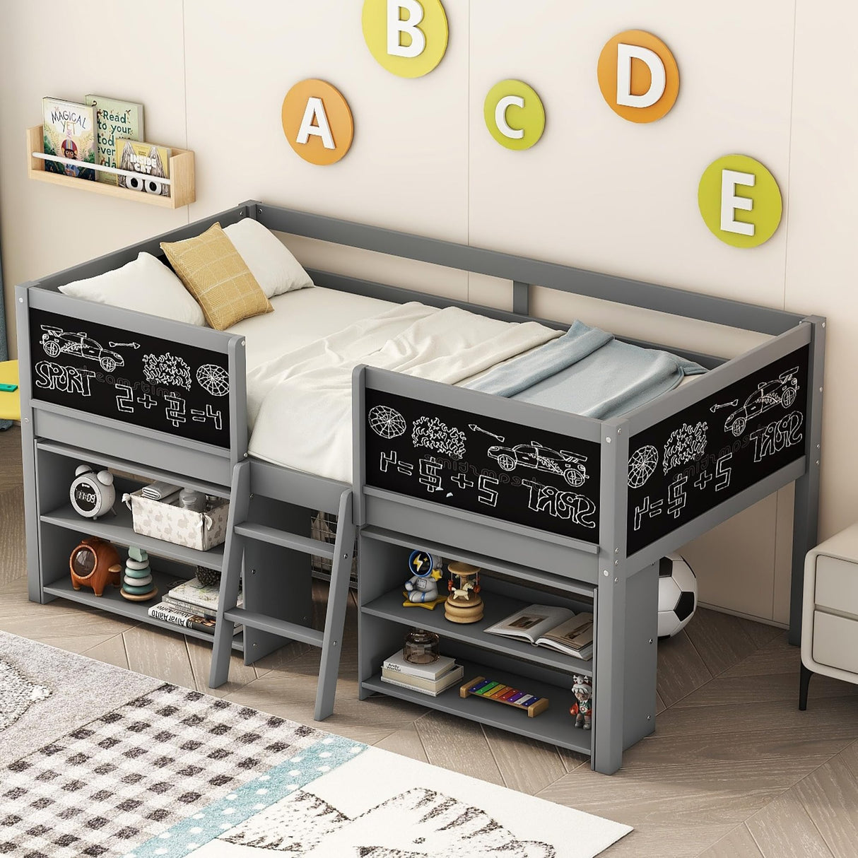 Bellemave Twin Low Loft Bed with Movable Shelves, Chalkboard, and Storage - Gray Bellemave