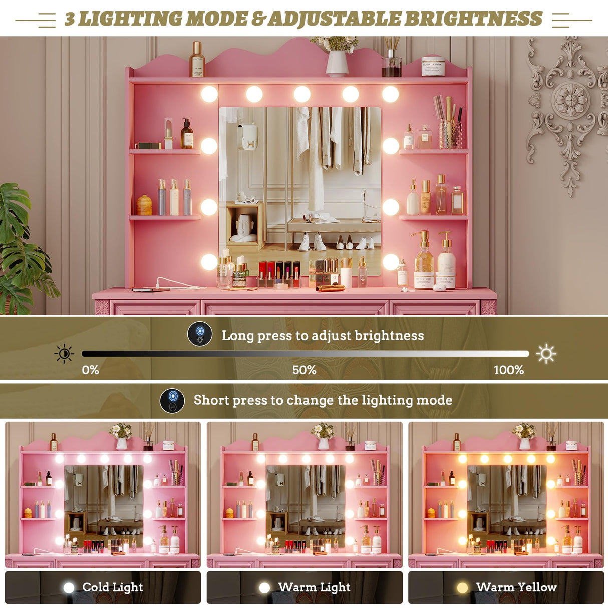 Vlsrka Vanity Desk with Large Mirror and Lights, 43.3" Makeup Vanity Desk with Charging Station and 6 Drawers, Makeup Dressing Table with Storage Stool for Bedroom (Pink) Vlsrka