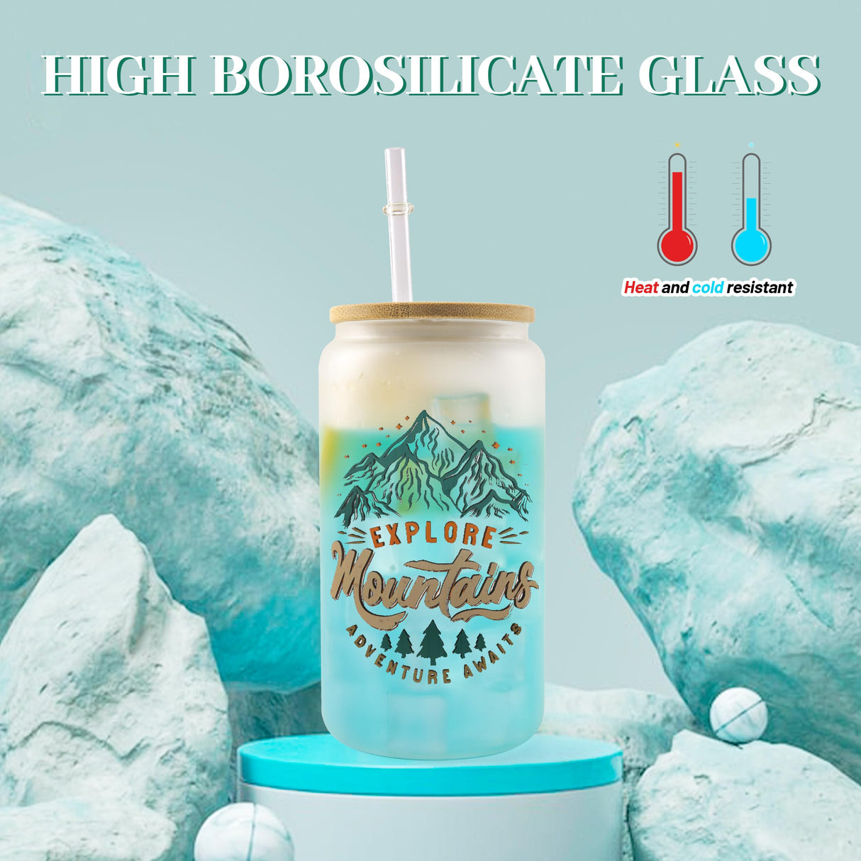 Joyclub 12 Pack Sublimation Glass Cups Blanks with Bamboo Lid 16 OZ Frosted Glass Beer Cans Mason Jar for Iced Coffee Juice Soda Drinks Joyclub