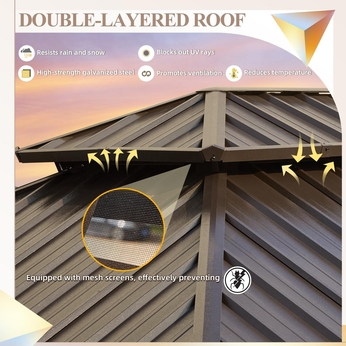 YOLENY 12' x 18' Gazebo, Galvanized Steel Double Roof Hardtop Gazebo with Aluminum Frame, Permanent Outdoor Metal Pavilion with Curtain and Netting for Patio, Lawn and Garden YOLENY