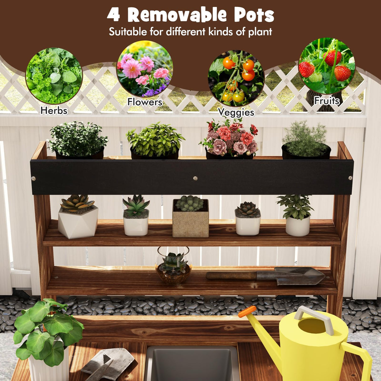 Costzon Kids Potting Bench, Wood Toy Gardening Center with 4 Pots, Chalkboard, Removable Sink, Storage Shelves, Mud Kitchen for Kids Outdoor Play Kitchen, Gift for Boys Girls 3+ Costzon