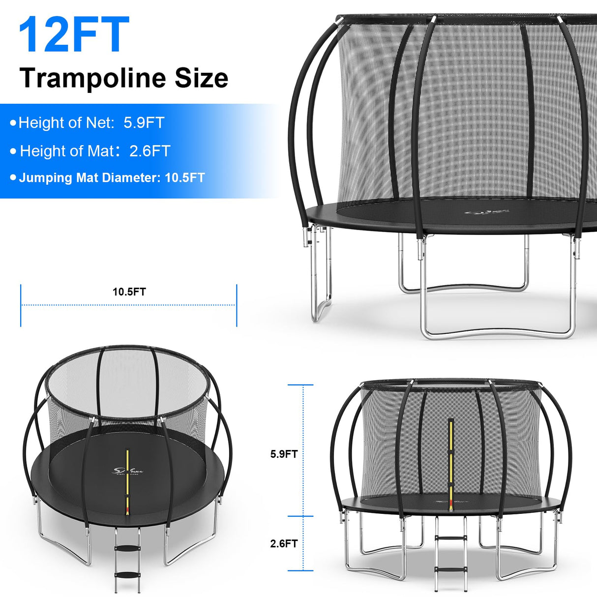 YSSOA 12FT Trampoline Secure Fun for Kids and Adults Recreational Trampolines Complete with Safety Enclosure Wind Stakes and 400LBS Weight Capacity Black Inside Net YSSOA