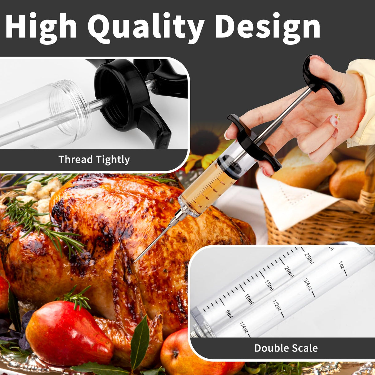 Turkey Meat Injector Syringe Kit with 3 Marinade Needles for BBQ Grill Smoker, 1 Cleaning Brush, 1 Oz/30 ml Large Capacity Injector Marinades for Meats Black TonJin