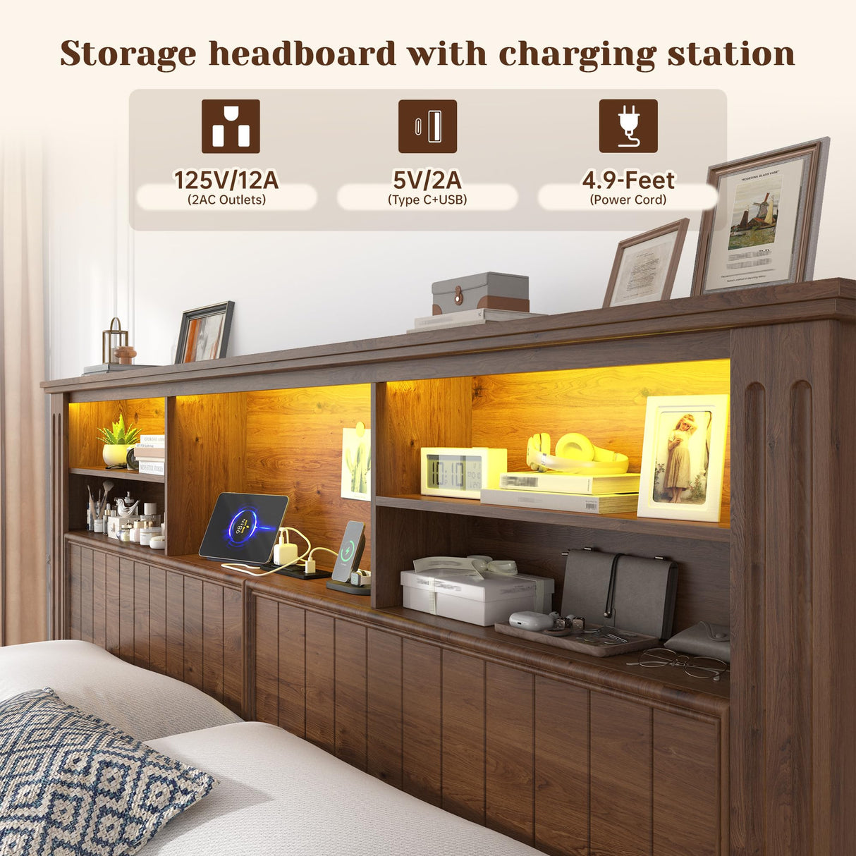 EnHomee King Size Bed Frame and Headboard & Storage, 4 Drawers & LED & USB King Bed Frame with Storage Farmhouse, Built in Charging Station,NO Noise,No Box Spring Needed,Brown EnHomee