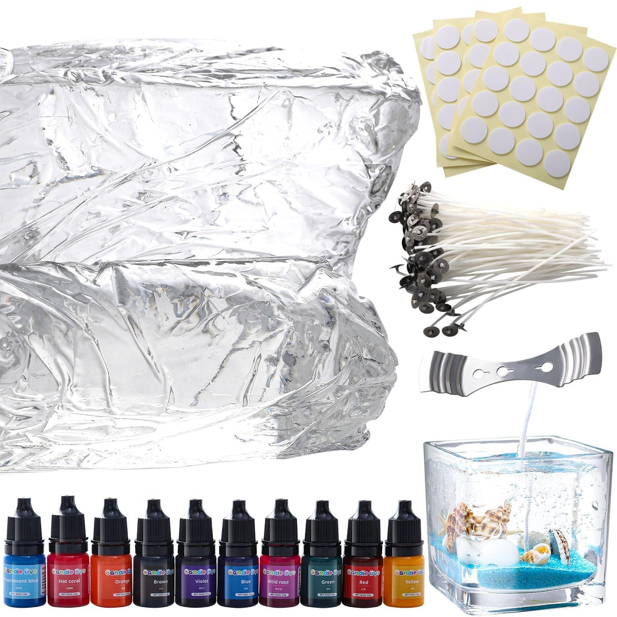 Sel Natural 4.4 lb Gel Wax for Candle Making Clear High Density Jelly Candle Wax with 100 Wick, 100 Wick Stickers and 10 Dye for DIY Project Making Supplies Sel Natural