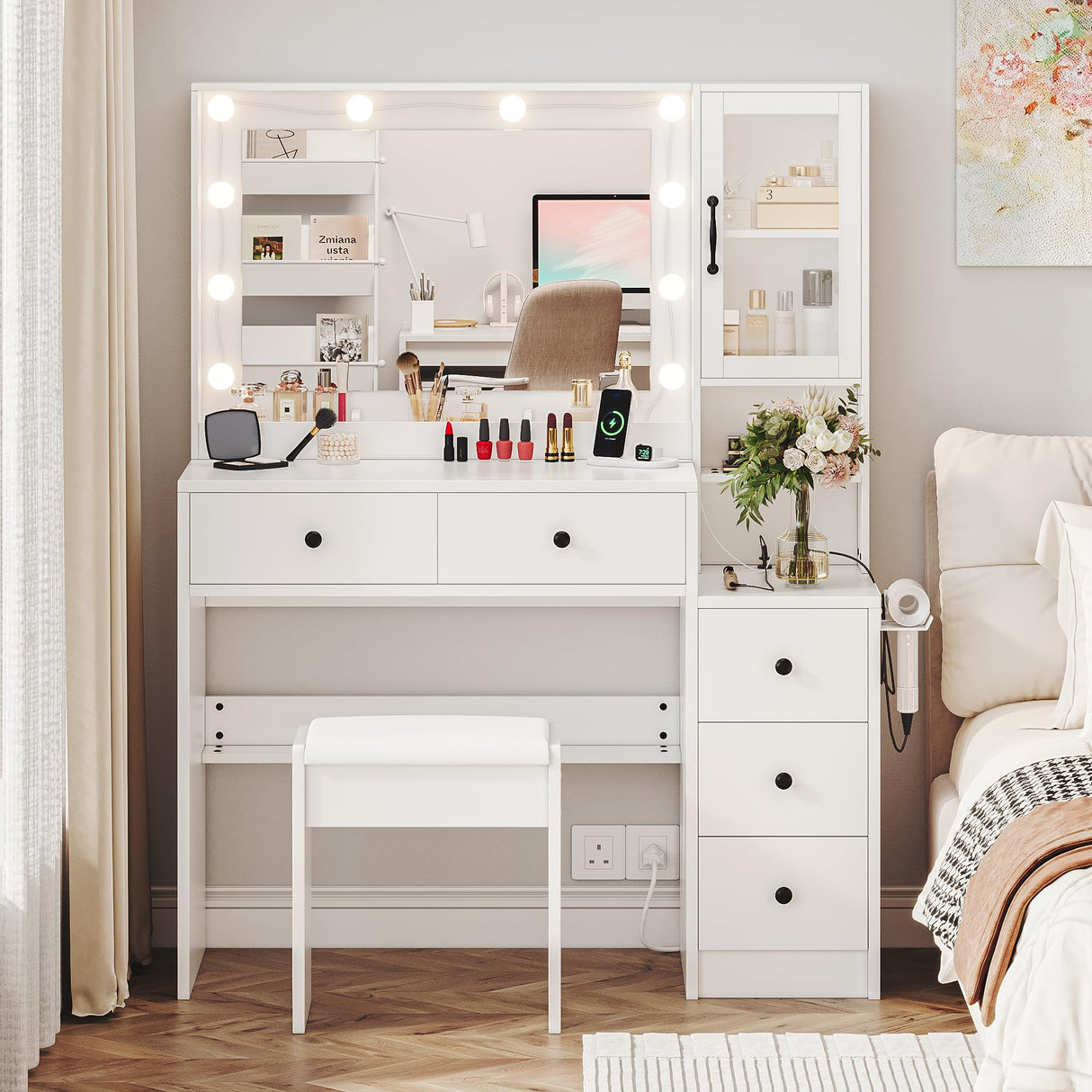 Makeup Vanity with Lights & Charging Station, White Vanity Table with 5 Drawers & Open Storage Shelves, Vanity Desk with Mirror & Lights, Dressing Table Set, Bedroom Makeup Table Set Black Handle TOKSOM