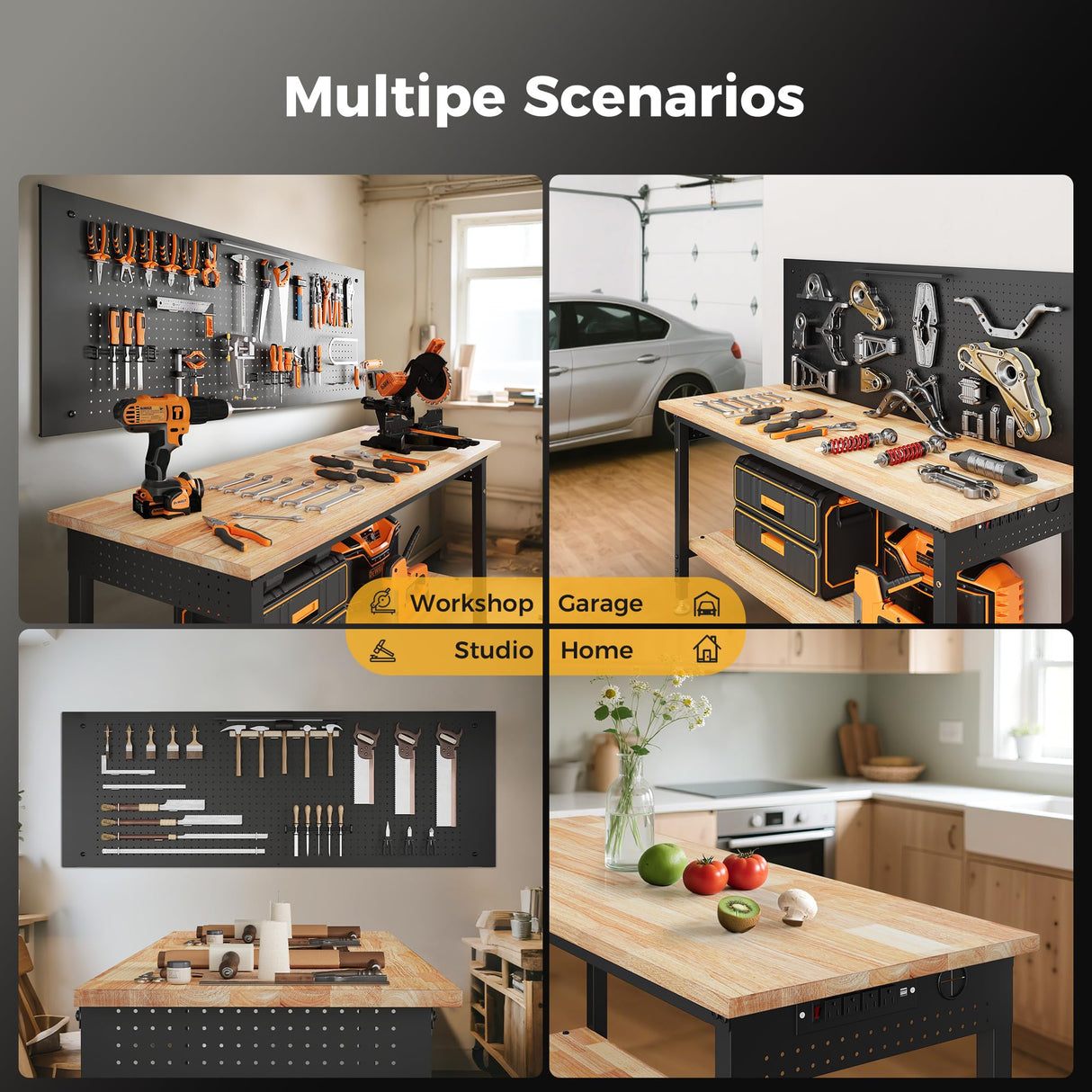 CAMMOO 60" Work Bench Adjustable Height with Storage Shelf, Max Load 2000 LBS Heavy Duty Rubberwood Tabletop with Pegboard, LED Light, Built-in Power Strip for Woodworking Shop, Garage, Home CAMMOO