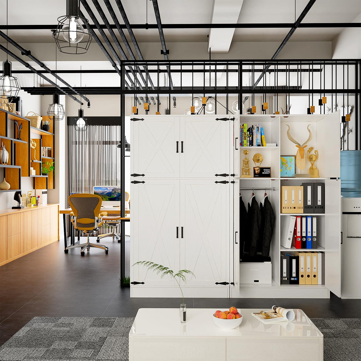 Unikito 71'' Farmhouse Wardrobe Closet with Hanging Rod, 4 Barn Door Clothing Storage Cabinet with Adjustable Shelves, Freestanding Wardrobe Cabinet for Bedroom Living Room Office, White,2 Pack Unikito