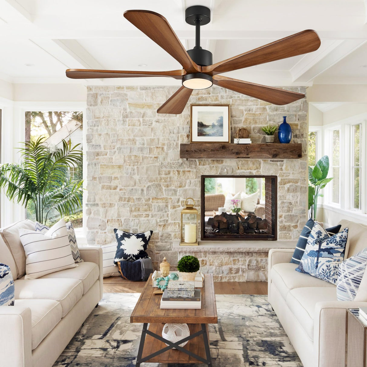 BOOSANT 5 Blade Ceiling Fans with Lights, 60 inch Outdoor Ceiling Fans with Remote Control for Patio Bedroom, Modern Ceiling Fan with Light, 5 Solid Wood Blades 6-Speed Reversible DC Motor(Walnut) BOOSANT