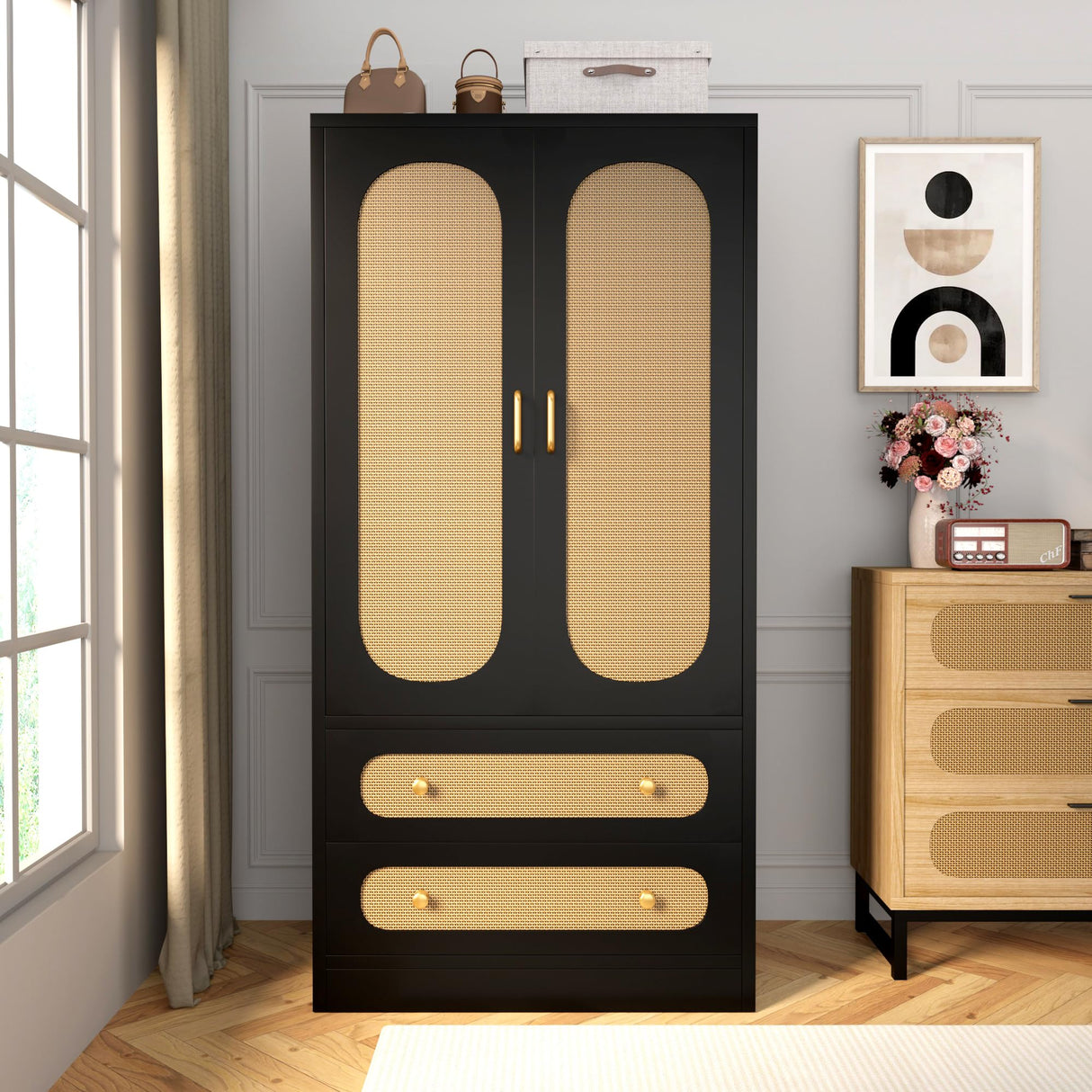 MJADUE Wood Wardrobe Closet with 2 Doors and Drawers, Wooden Closet Storage Cabinet with Gold Handles for Clothes, Rattan Freestanding Wardrobe Cabinet for Bedroom/Apartment,Black MJADUE