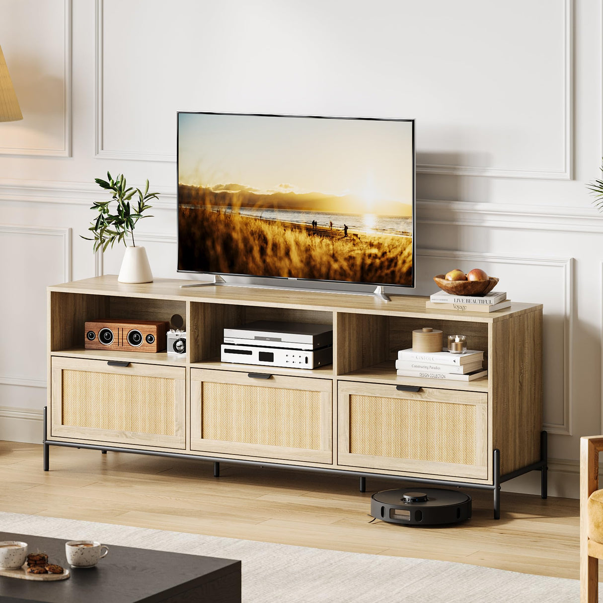 TV Stand for 75 inch TV, Entertainment Center with Storage, 65 Inch TV Console Table with 3 Drawers, Rattan Media Console Cabinet with Metal Legs, Wooden TV Stands for Living Room, Bedroom - Oak IDEALHOUSE