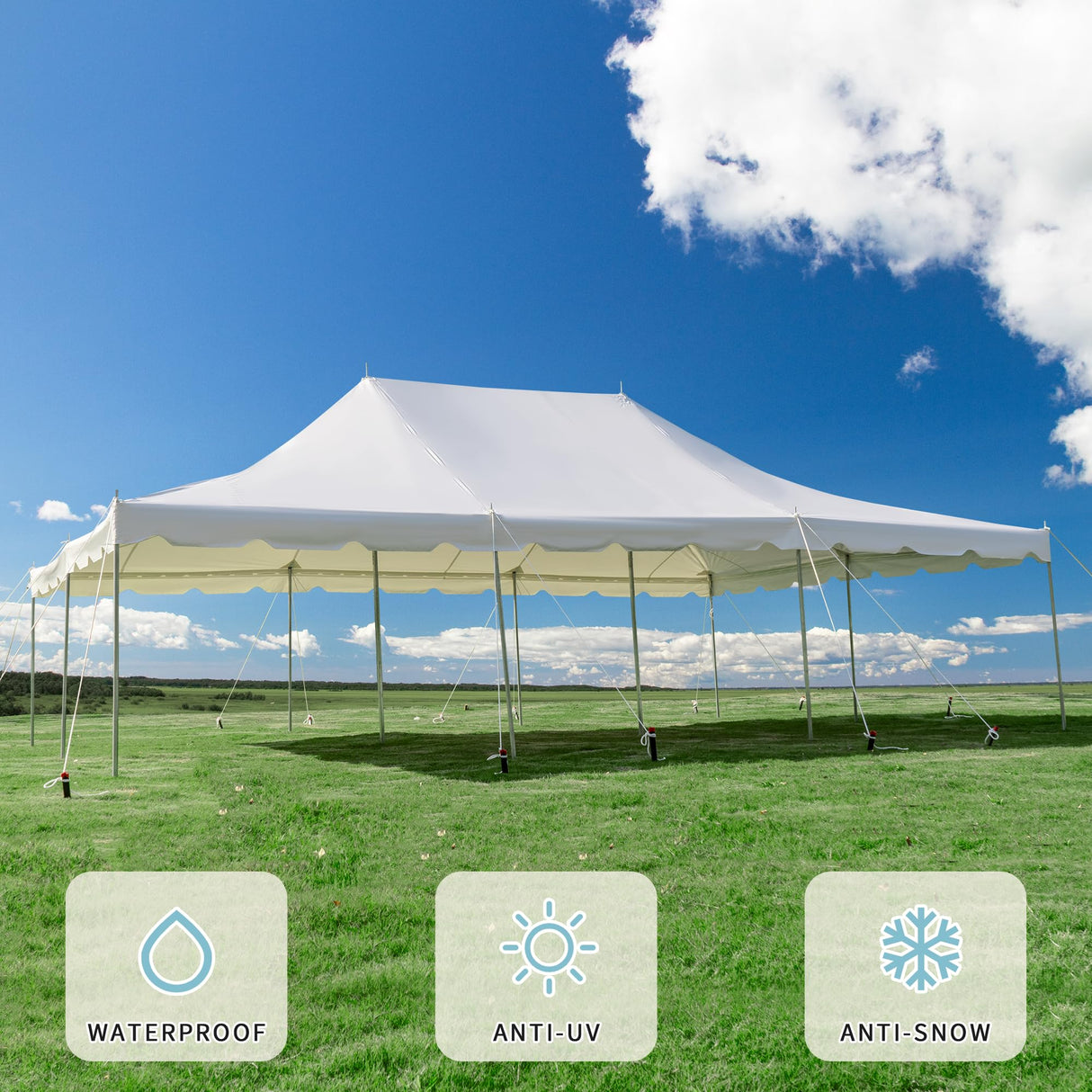 EROMMY 20x30ft Pole Party Tent with Sidewalls, 2 Doors, Carry Bags, Heavy Duty PVC Fire Retardant Outdoor Canopy for 120 People, Ideal for Parties, Events, Weddings, Large White Tent EROMMY