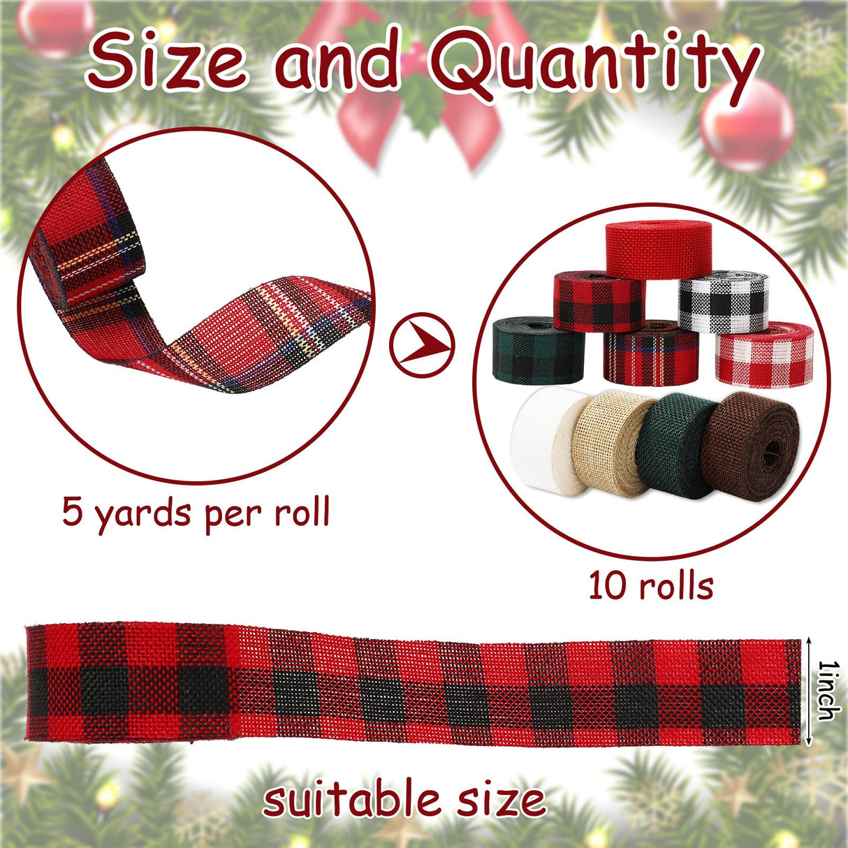Whaline 10 Rolls 50 Yard Christmas Plaid Burlap Ribbon Rolls 1 Inch Gift Wrapping Ribbon Winter Xmas Decorative Ribbon for DIY Crafts Wreath Bow Making Supplies Whaline