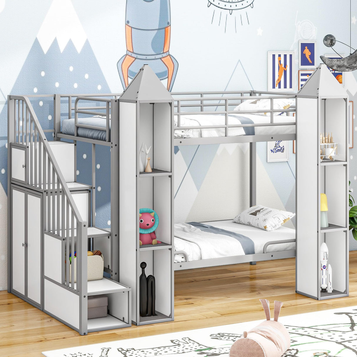 Harper & Bright Designs Twin Over Twin Metal Bunk Bed with Stairs and Storage Wardrobe, Castle-Shaped Bunk Bed Heavy-Duty Steel Frame, Noise Free,for Kids Teens Adults, Gray+White Harper & Bright Designs
