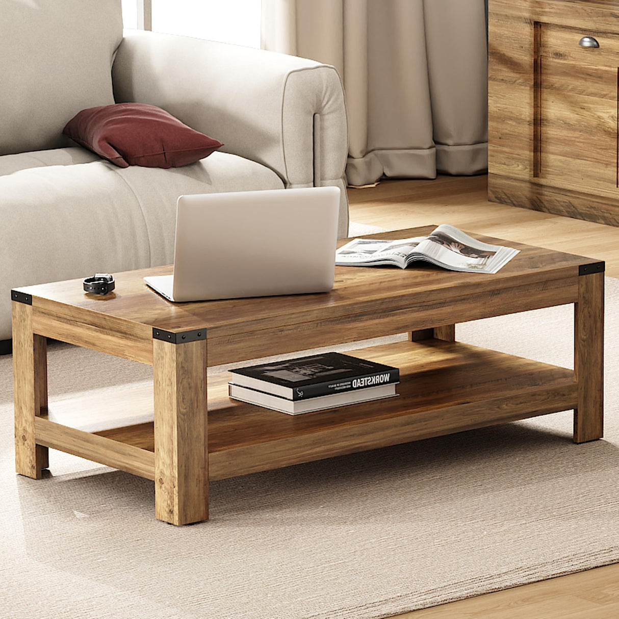 Farmhouse Coffee Table, 47.2" Modern Rustic Wooden Center Table with Storage, Rectangle Living Room Tables, 2-Tier Industrial Cocktail Tea Table for Living Room OWIPAW