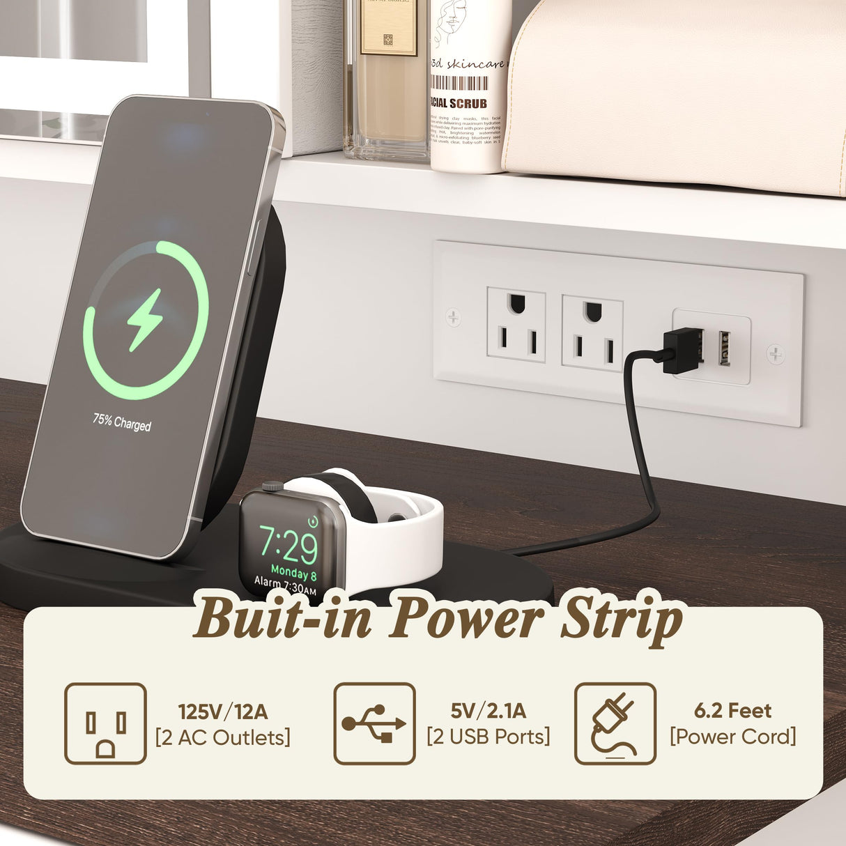 White Makeup Vanity Desk with Power Outlet 42"W Farmhouse Vanity Table with Sliding Mirror and Adjustable 3-Mode Lights Girls Dressing Table with Adjustable Shelves and Side Cabinet for Bedroom Algherohein