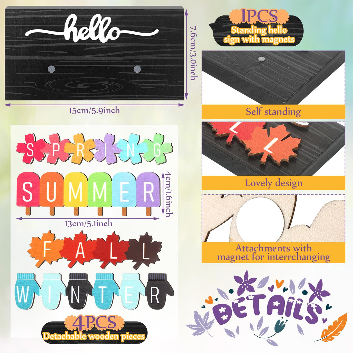 Roowest 5 Pcs Hello Fall Sign Interchangeable Seasonal Sign Spring Summer Winter Tiered Tray Decor 5.9 x 3 Inch Wooden 4 Seasons Farmhouse Table Centerpiece Decoration for Home Shelf Office(Basic) Roowest