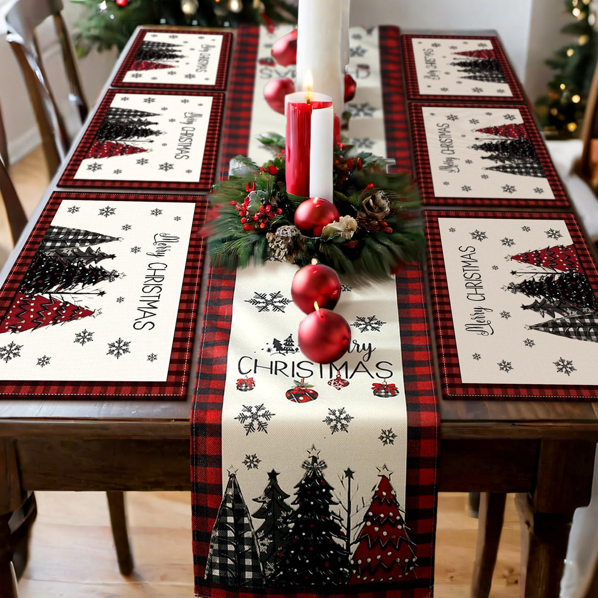 Patelai 7 Pcs Christmas Table Runner and Placemats Set Merry Christmas Buffalo Plaid Table Runner Xmas Placemats Red Black for Holiday Kitchen Dining Room Decor Party Wedding Decoration Patelai
