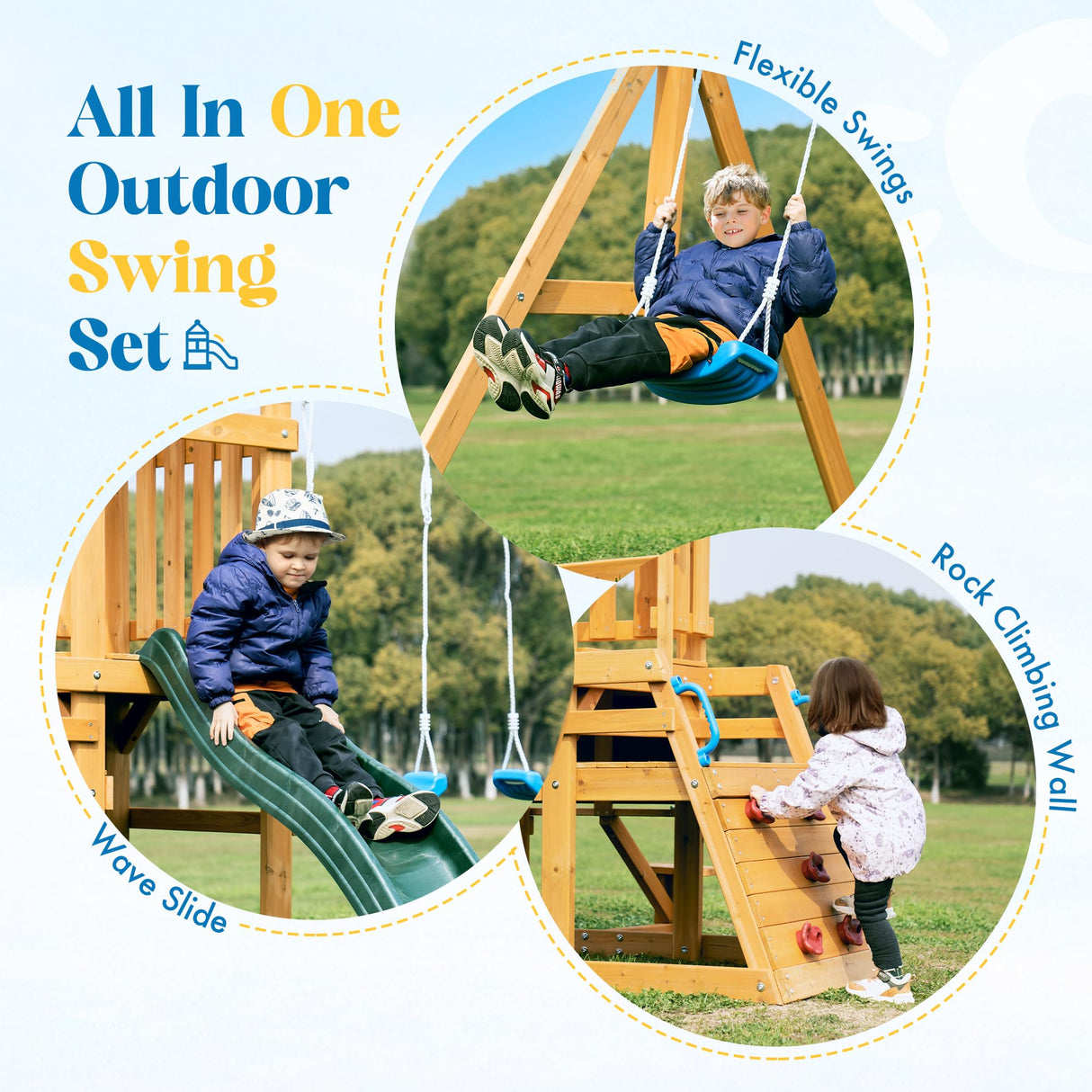 ROBUD Swing Sets for Backyard, Wooden Swing Set, All-in-One Kids Outdoor Play Equipment with Two Swings, Slide, Rock Climbing Wall, Blackboard, Telescope, Fort, Outdoor Playset for Kids & Toddlers ROBUD