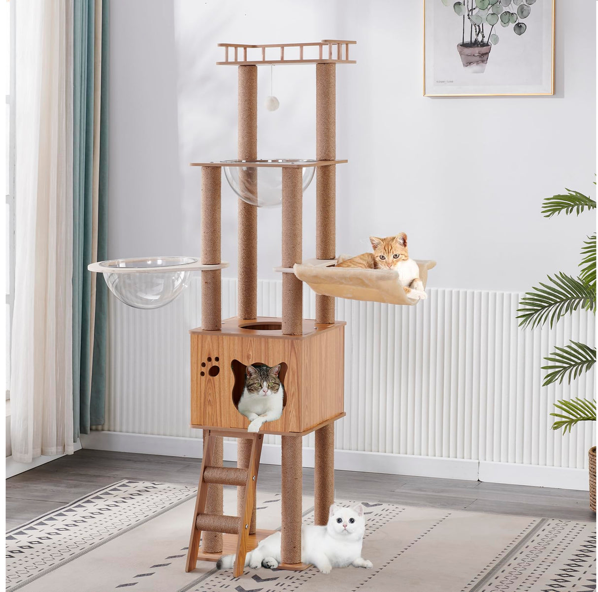 61'' Wooden cat Tree with cat Condo, Cat Stairs Scratching Posts, 2 Bowl,Sisal Scratching Posts,Cozy Cat Hammock and Top Perch. Cat Tree for Large Cats. Yinanroa