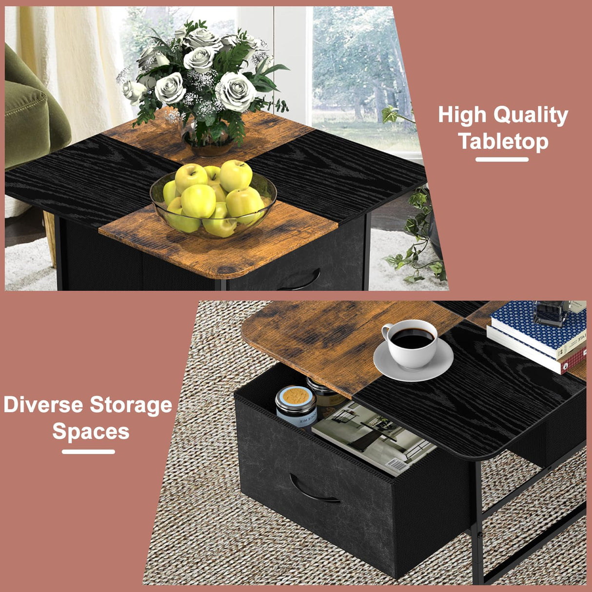 SHINOSKE Square Coffee Table with Round Corners,2 Tier Farmhouse Small Coffee Table for Small Space,Modern Low Center Living Room Tables with 2 Storage Drawers for Apartment,Office,Outdoor,Black Brown Shinoske