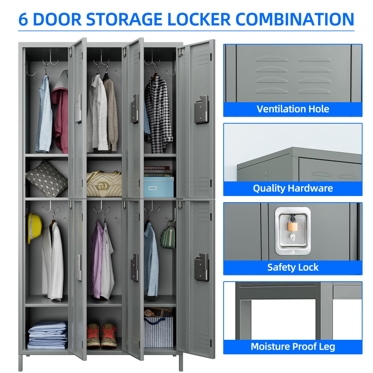 SUXXAN 6 Doors Metal Locker Combination with 12 Hooks,Industries Double Tier Metal Storage Locker for School Office Gym Home Employees Staff Sundries Room W35.43*D15.7*H72(LIGHT GREY) SUXXAN
