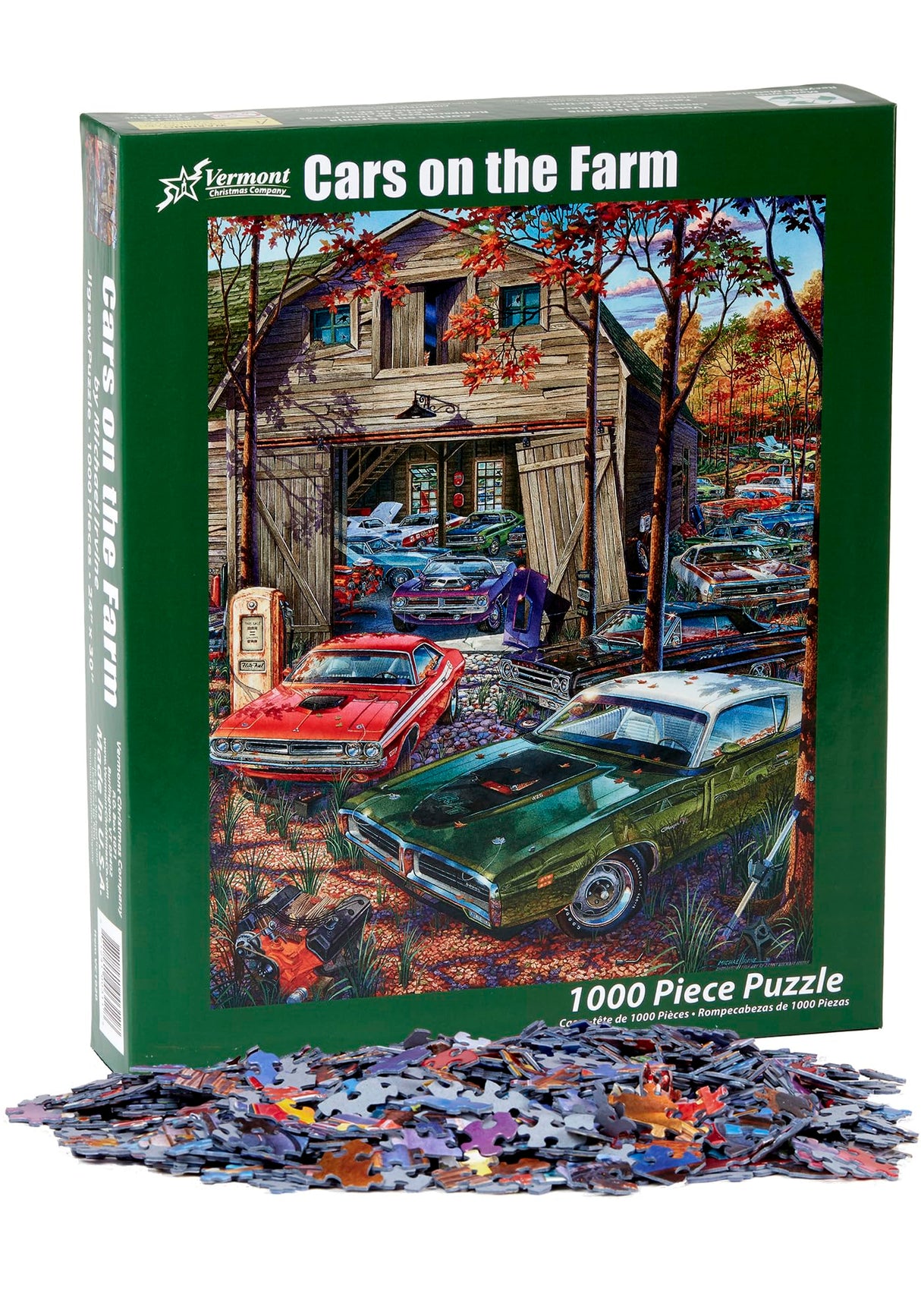 Vermont Christmas Company Cars on The Farm Jigsaw Puzzle - 1000 Piece Puzzle for Adults - Large Pieces, Fully Interlocking & Randomly Shaped Pieces - Jigsaw Puzzles for Adults 1000 Pieces (30" x 24") Vermont Christmas Company