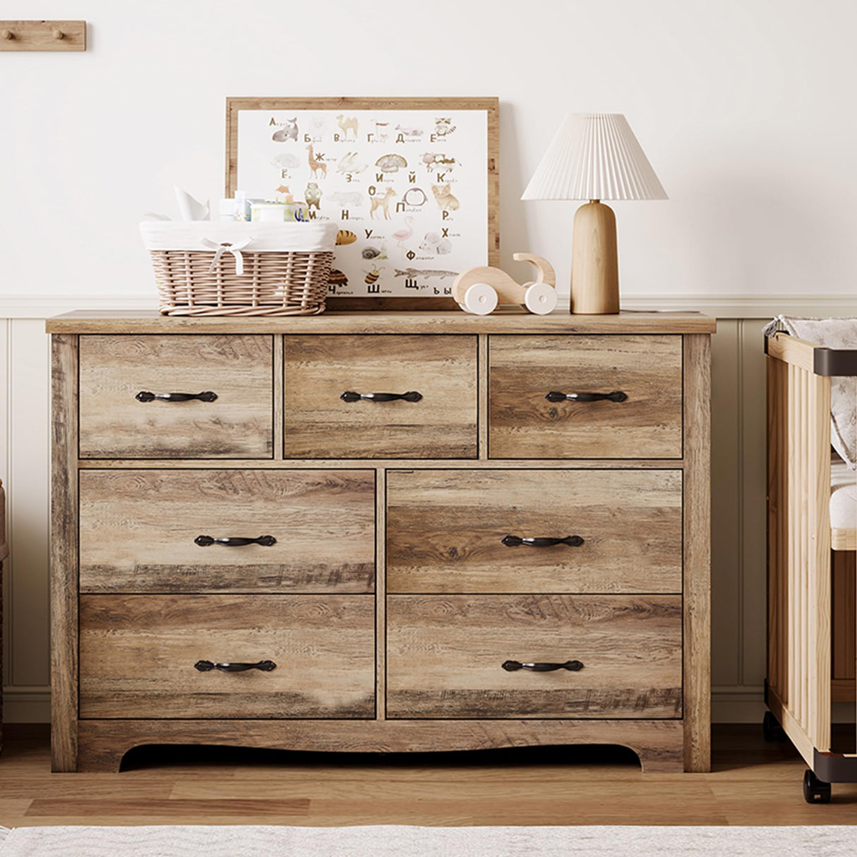 LINSY HOME 7 Drawers Dresser for Bedroom, 47" Wide Rustic Wood Dressers & Chests of Drawers, Modern Farmhouse Storage Dresser with Antique Handles for Closet, Living Room, Hallway, Rustic Brown LINSY HOME