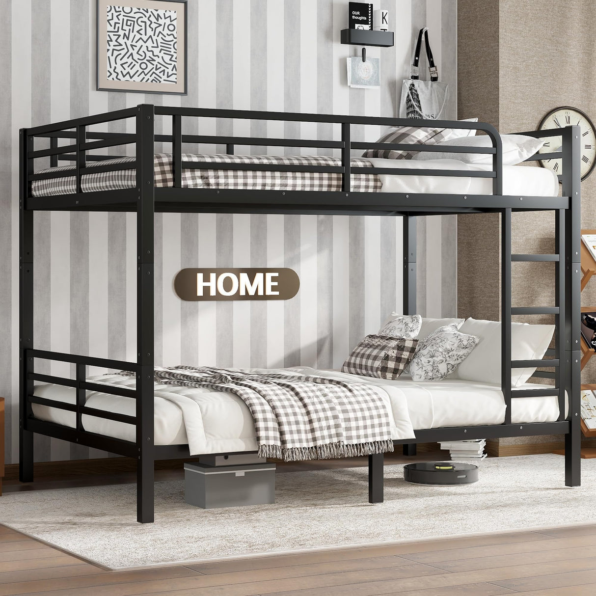 Bellemave Full XL Over Full XL Bunk Bed for Teens and Adults, Metal Bunk Bed Frame with Ladder and Guardrail No Box Spring Required Noise-Free Steel Slats Convertible bunk Bed for Adults Black Bellemave