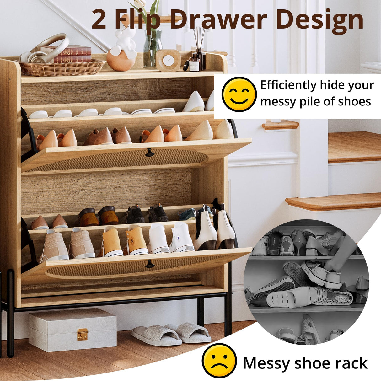 IRONCK Shoe Cabinet Storage with 2 Flip Drawers, Free Standing Wooden Shoe Storage Organizer Cabinet with Rattan Doors for Entryway, Narrow Shoe Rack Cabinet, Oak IRONCK