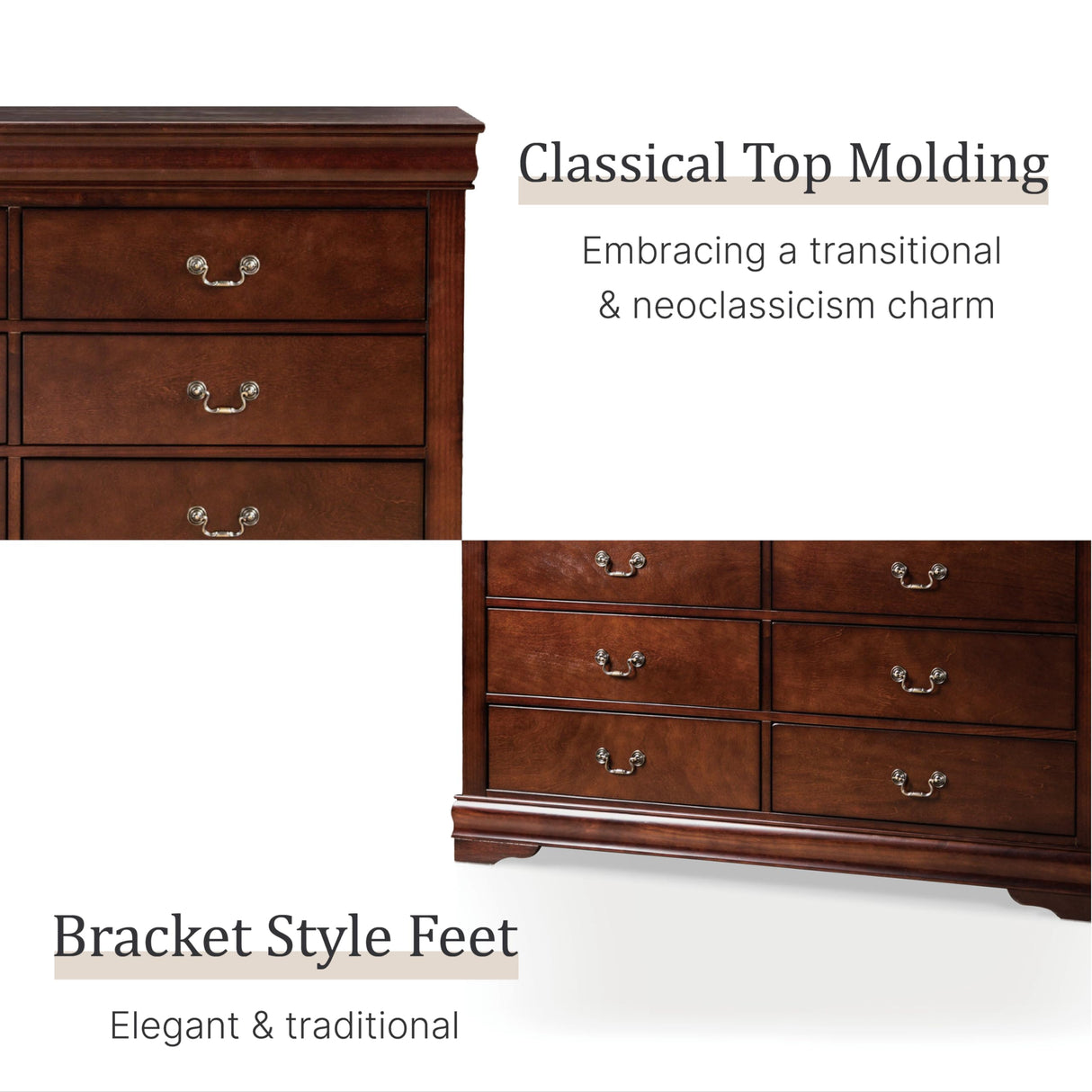 Furniture of America Arabella Traditional 6 Double Dresser with Antique Nickle Handles, Freestanding Storage Cabinet, No Assembly Wooden Chest of Drawers for Bedroom, Living Room, Cherry Furniture of America