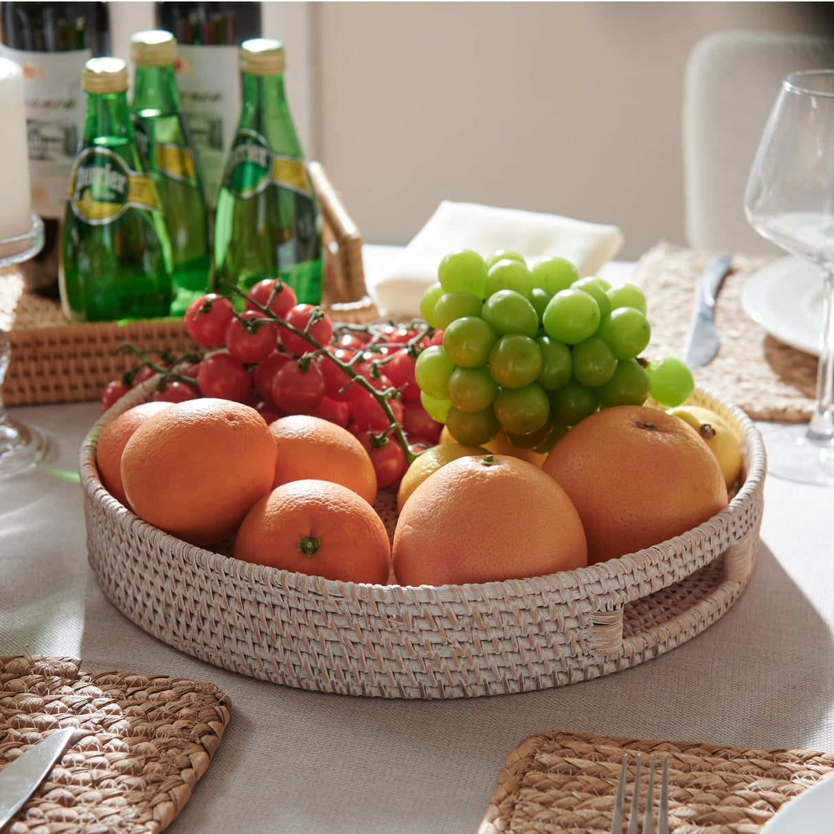13.8 inch Round Rattan Tray, Decorative Coffee Table Tray, Ottoman Tray, Woven Serving Tray with Handles, Wicker Serving Basket, Whitewash YANGQIHOME
