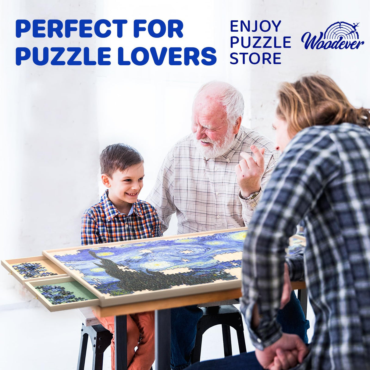 Rotatable 360-Degree Wheels Puzzle Board with Drawers and Cover 1500 Pieces Lightweight Portable Wooden Puzzle Table for Adults Kids 35'' x 26'' Woodever