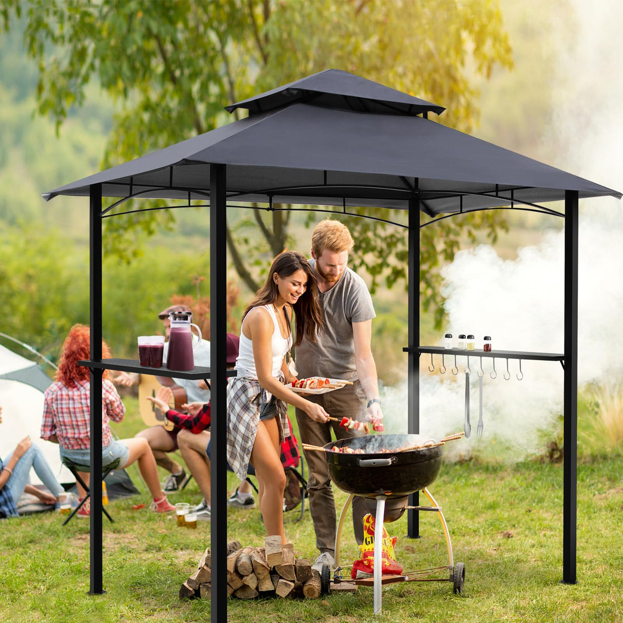 8x5 Grill Gazebo, Outdoor BBQ Grill Patio Canopy with 2 Handy Shelves & LED Lights, Double Roof Barbecue Gazebo Canopy (Gray) HOWSVN