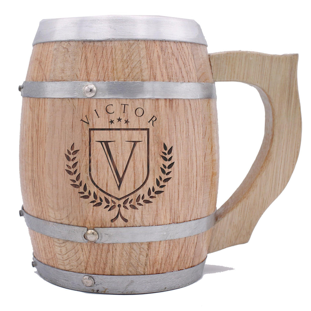 My Personal Memories Customized 24 oz Oak Wood Barrel Beer Mug Tankard with Handle and Stainless Steel Interior (Name Initial Styles) My Personal Memories