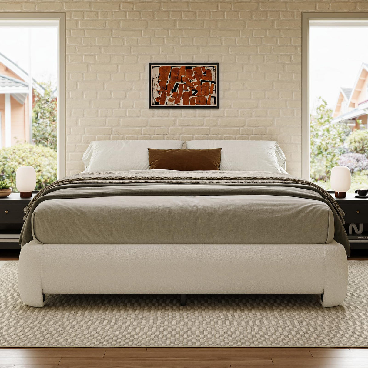 ZENBEDING Cloud Bed Frame King Size, Soft Boucle Bed Frame with Round Corner, Upholstered King Size Bed Frame with Heavy Duty Wood Slat, No Box Spring Needed, Easy Assembly, White ZENBEDING