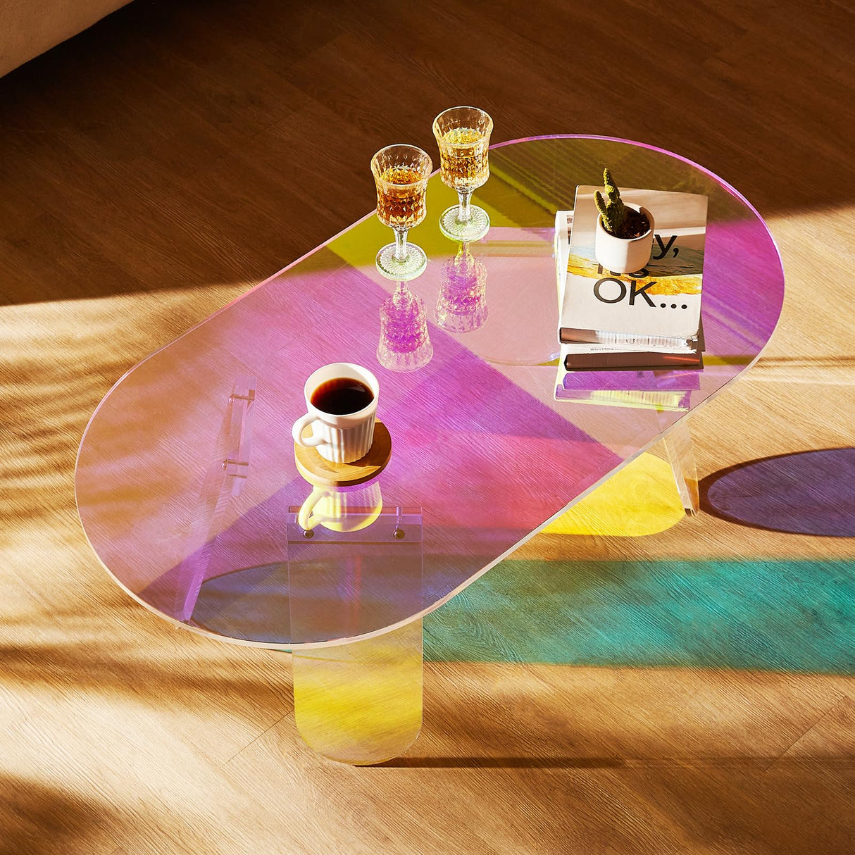 VEVOR Acrylic Coffee Table, Iridescent Acrylic End Table, Colorful Acrylic Side Table 37.4 in (L) x 19.7 in (W) x 13.8IN (H) for Coffee, Drink, Food, Snack Used in Living Room, Courtyard, Terrace VEVOR