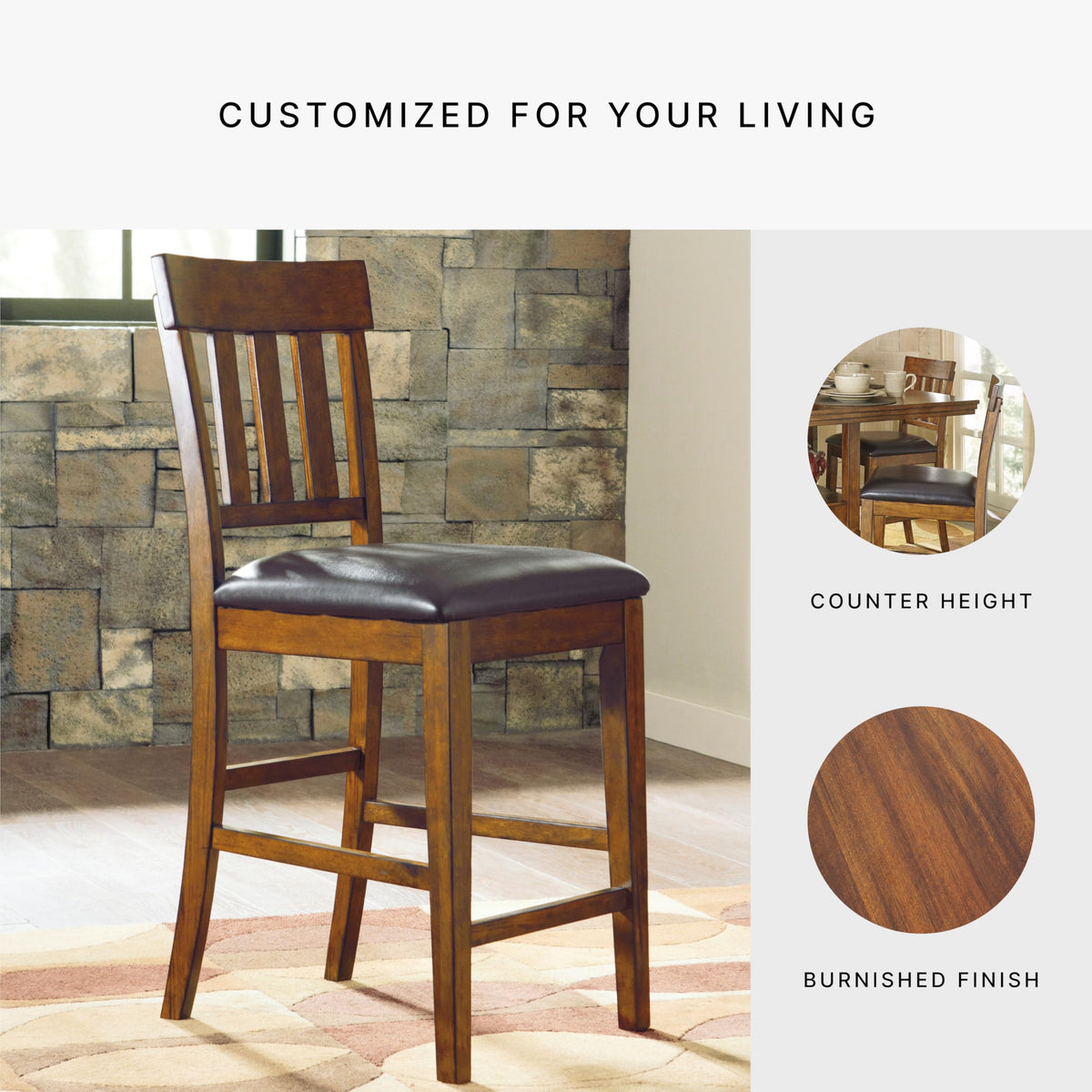 Signature Design by Ashley Ralene Traditional 26" Counter Height Faux Leather Seat Barstool, 2 Count, Brown Signature Design by Ashley