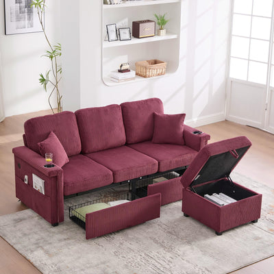 L-Shaped Sectional Sofa with Storage & Movable Ottoman, Corduroy 3 Seater Sectional Couch with USB Charging, Cup Holder & LED Light, Convertible Couches for Living Room (Wine Red, 76.38)