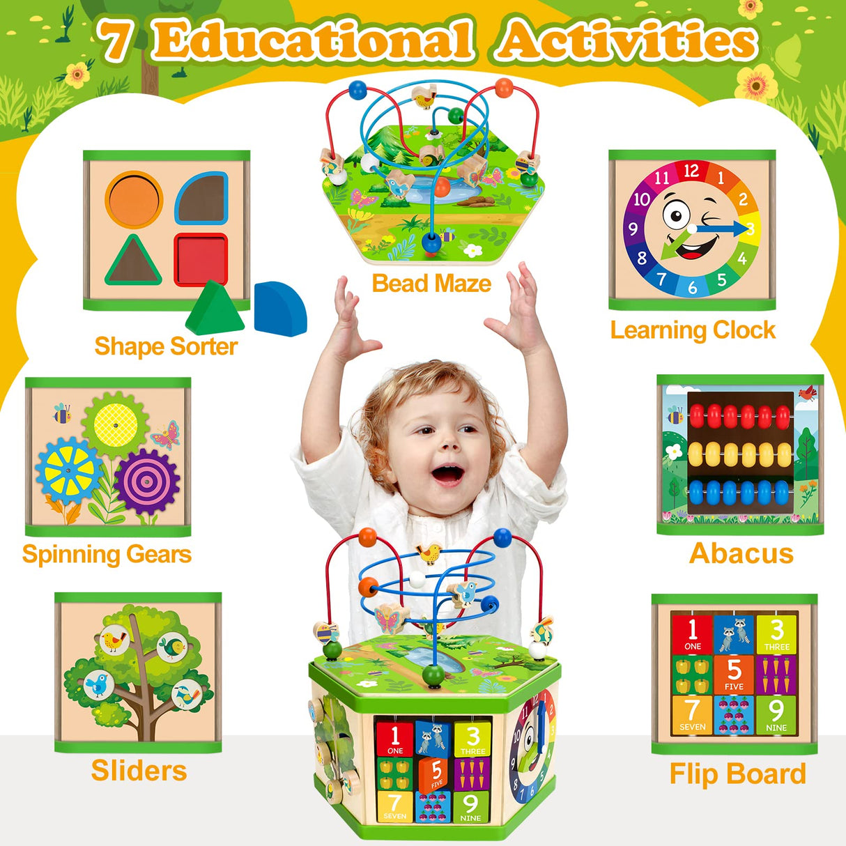 Wooden Activity Cube for 1 Year old, 12-18 Month Boys & Girls, 7-in-1 STEM Montessori Early Developmental Learning Toys for Kids Aged 1-2, Ideal 1st Birthday Gift Toys for Baby, Toddlers (Green) Duchong