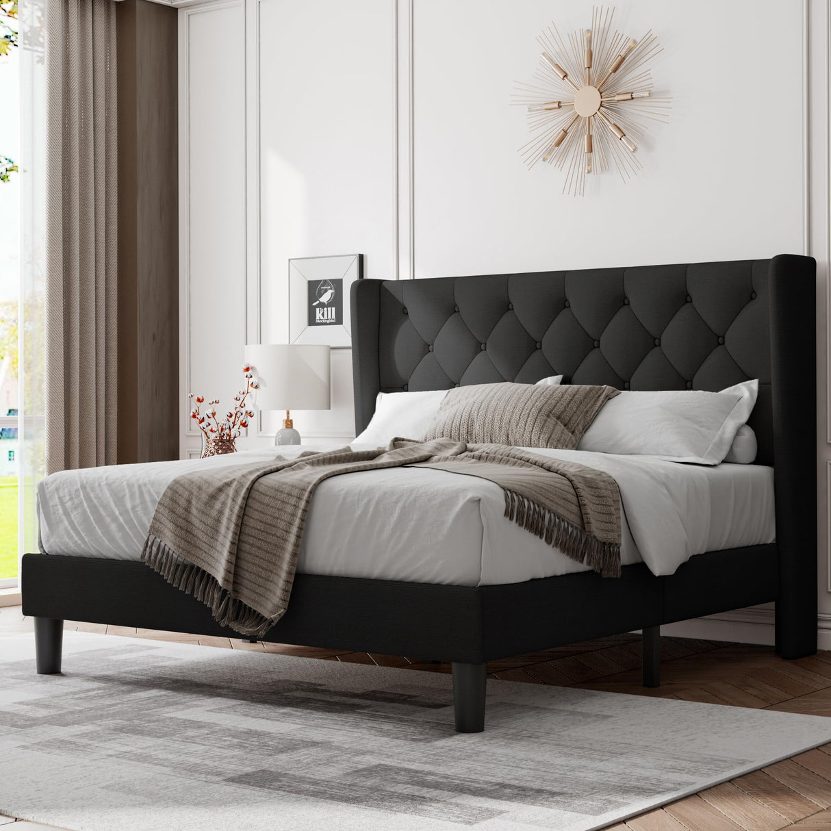 Feonase Full Size Bed Frame with Upholstered Wingback Headboard,Button Tufted Platform Bed and Heavy Duty Wooden Slats Support,Easy Assembly, Noise-Free,No Box Spring Needed, Black Feonase